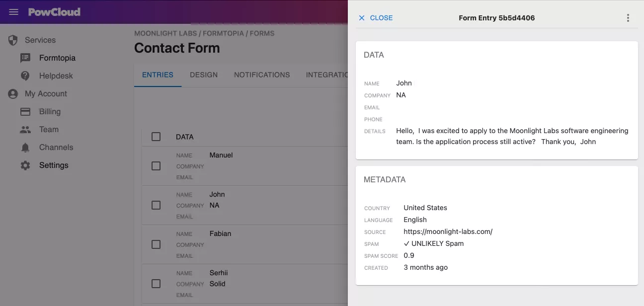 Unlimited form entry storage and easy management toolss